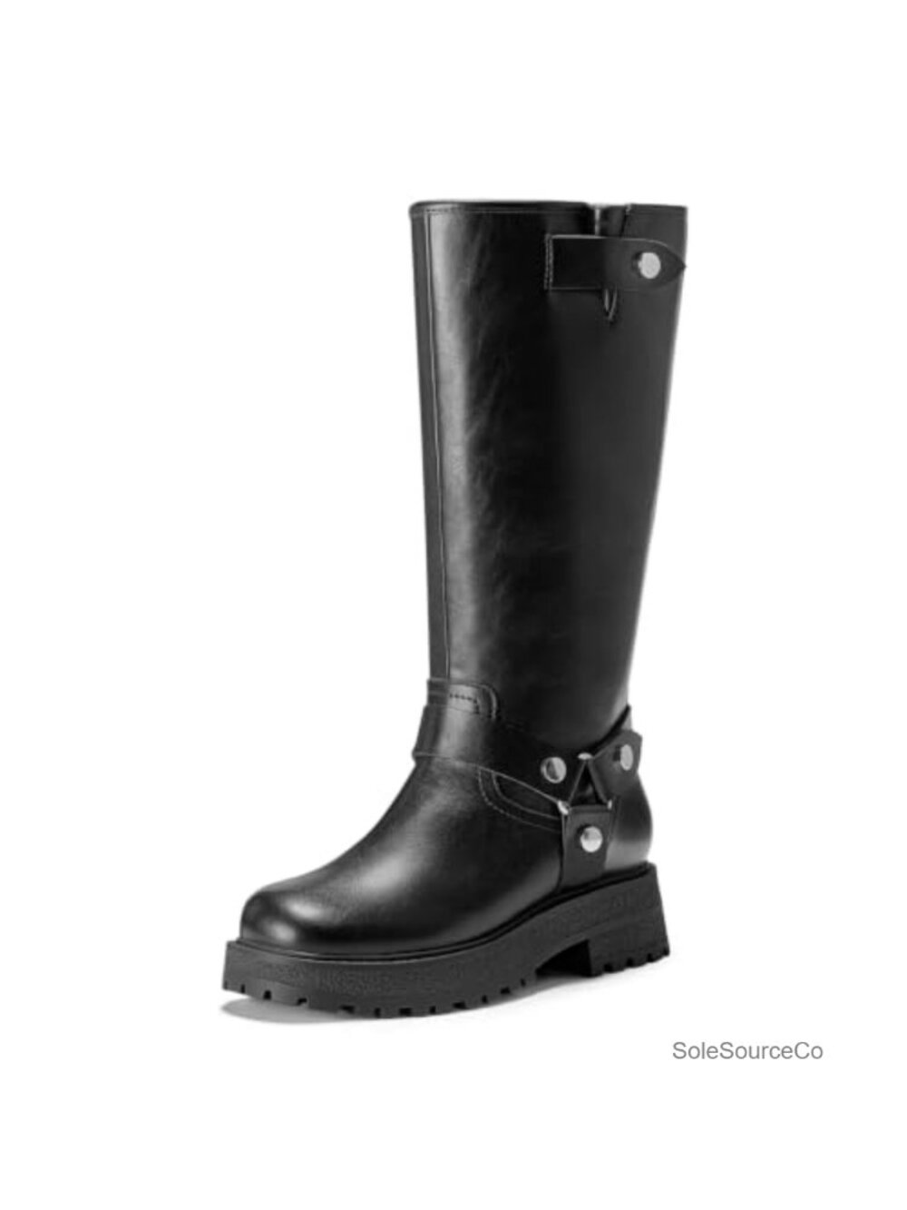 Wide Calf Knee High Moto Boots Block Heel Square Toe Faux Suede Slip-On
